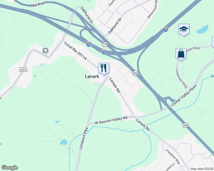 map of restaurants, bars, coffee shops, grocery stores, and more near 3616 Lanark Road in Coopersburg