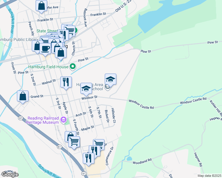 map of restaurants, bars, coffee shops, grocery stores, and more near 701 Windsor Street in Hamburg