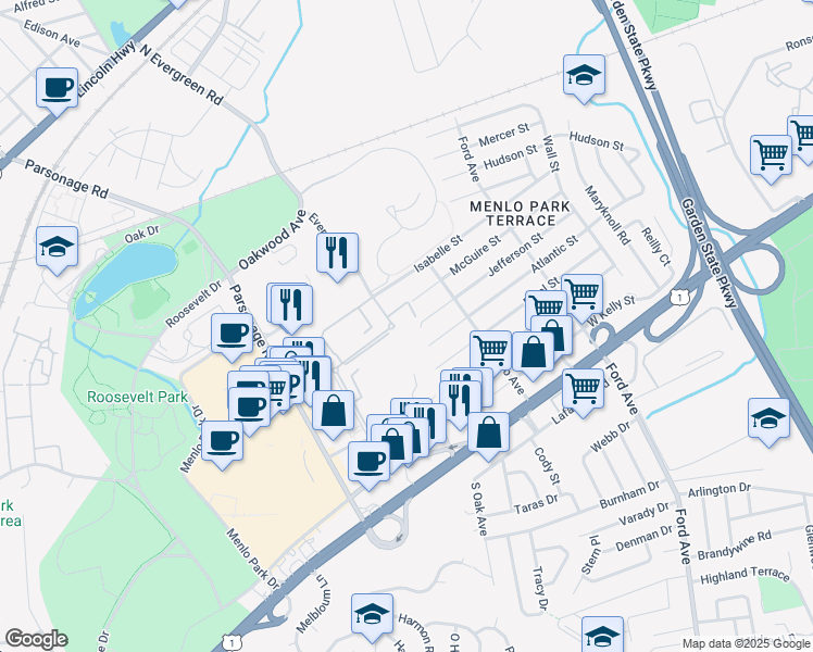 map of restaurants, bars, coffee shops, grocery stores, and more near 170 Evergreen Road in Edison