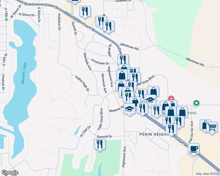 map of restaurants, bars, coffee shops, grocery stores, and more near 1517 Highwood Avenue in Pekin