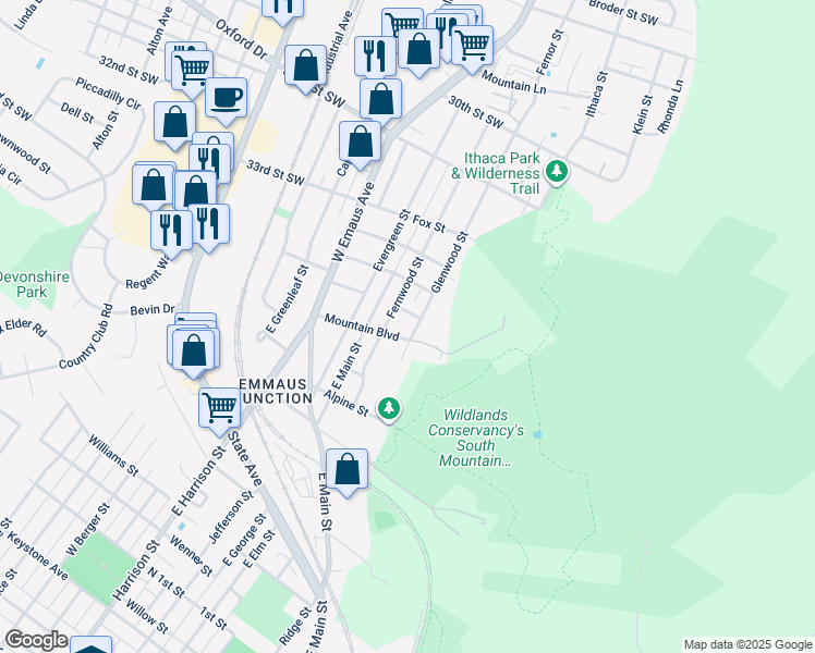 map of restaurants, bars, coffee shops, grocery stores, and more near 609 Glenwood Street in Emmaus