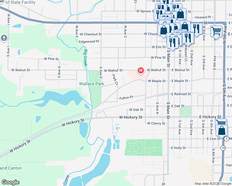 map of restaurants, bars, coffee shops, grocery stores, and more near 401-471 Walling Court in Canton