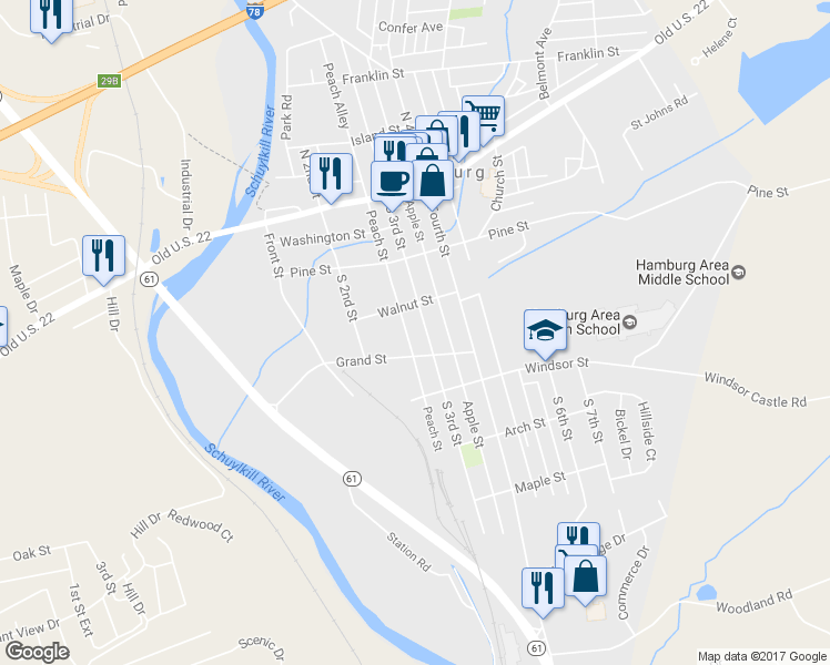 map of restaurants, bars, coffee shops, grocery stores, and more near 228 S 3rd St in Hamburg
