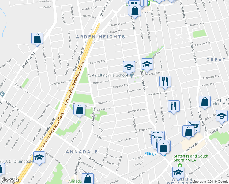 map of restaurants, bars, coffee shops, grocery stores, and more near 115 Figurea Avenue in Staten Island