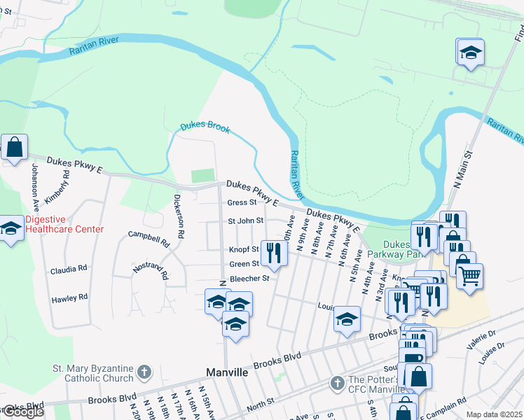 map of restaurants, bars, coffee shops, grocery stores, and more near 413 Clinton Avenue in Manville