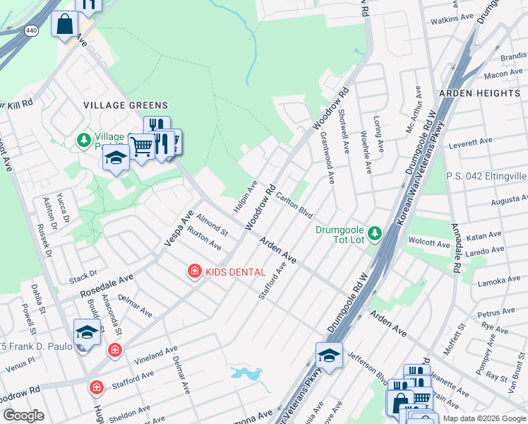 map of restaurants, bars, coffee shops, grocery stores, and more near 576 Woodrow Road in Staten Island