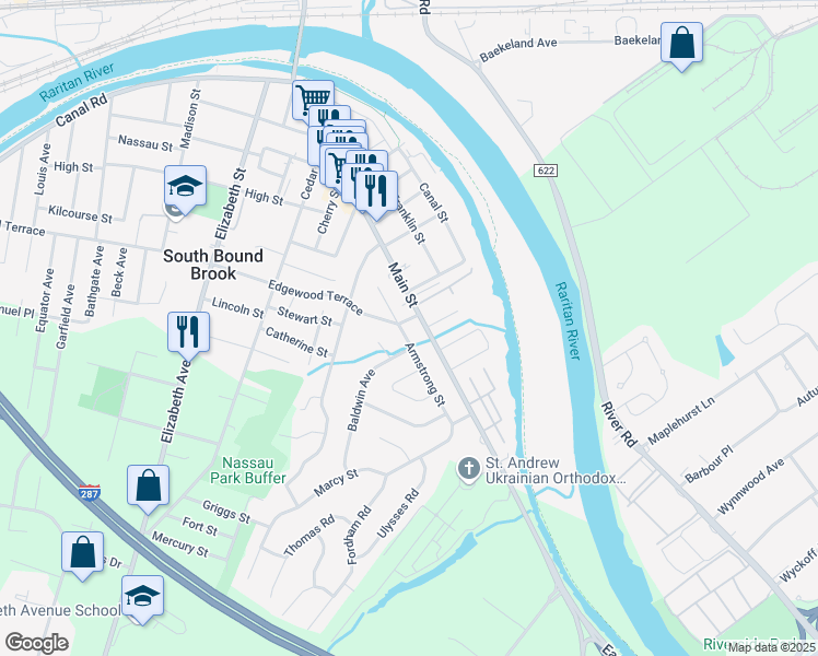 map of restaurants, bars, coffee shops, grocery stores, and more near 7 Edgewood Terrace in South Bound Brook