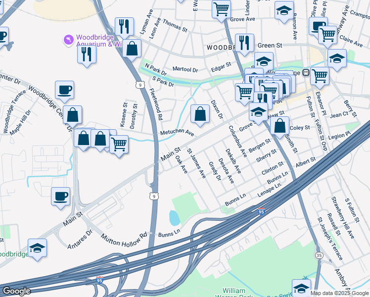 map of restaurants, bars, coffee shops, grocery stores, and more near 272 Main Street in Woodbridge Township