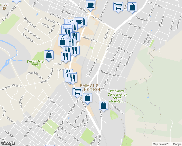 map of restaurants, bars, coffee shops, grocery stores, and more near 530 East Greenleaf Street in Emmaus