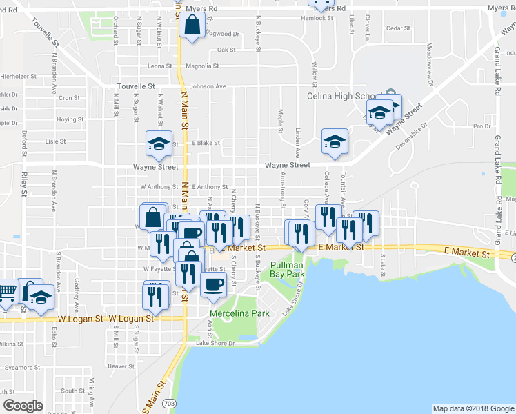map of restaurants, bars, coffee shops, grocery stores, and more near 401 East Fulton Street in Celina