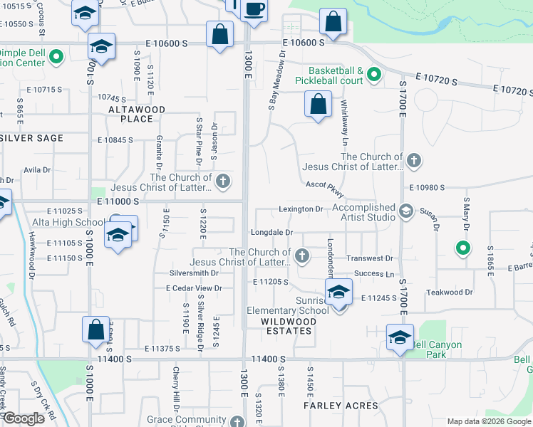 map of restaurants, bars, coffee shops, grocery stores, and more near 11034 Lamasa Cir in Sandy