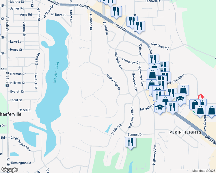 map of restaurants, bars, coffee shops, grocery stores, and more near 1034 Audubon Dr in Pekin