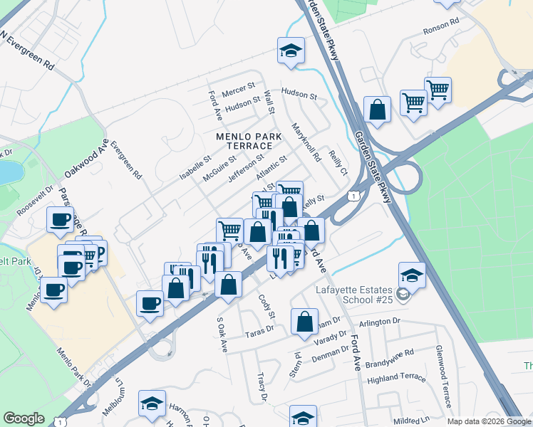 map of restaurants, bars, coffee shops, grocery stores, and more near 106 Mason Street in Metuchen