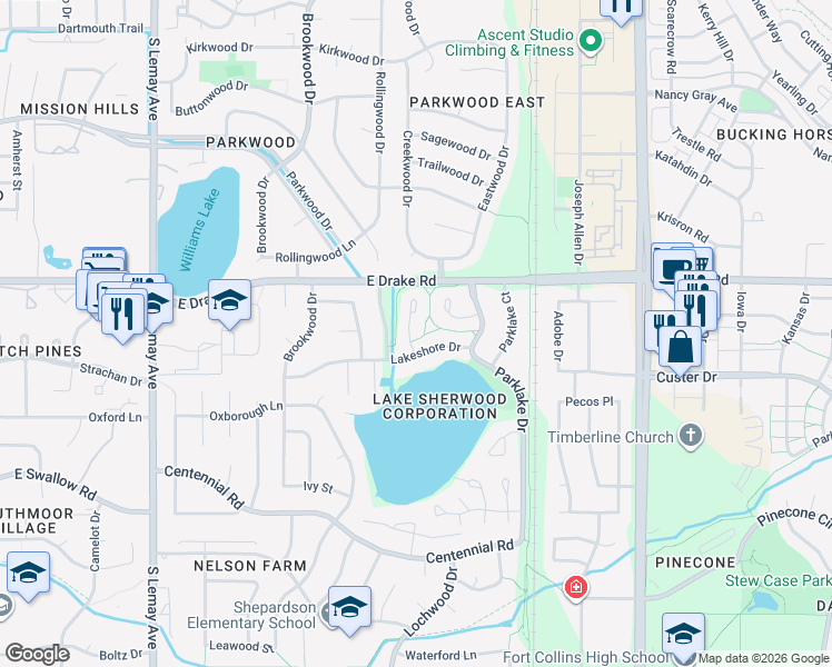 map of restaurants, bars, coffee shops, grocery stores, and more near 2642 Shadow Court in Fort Collins