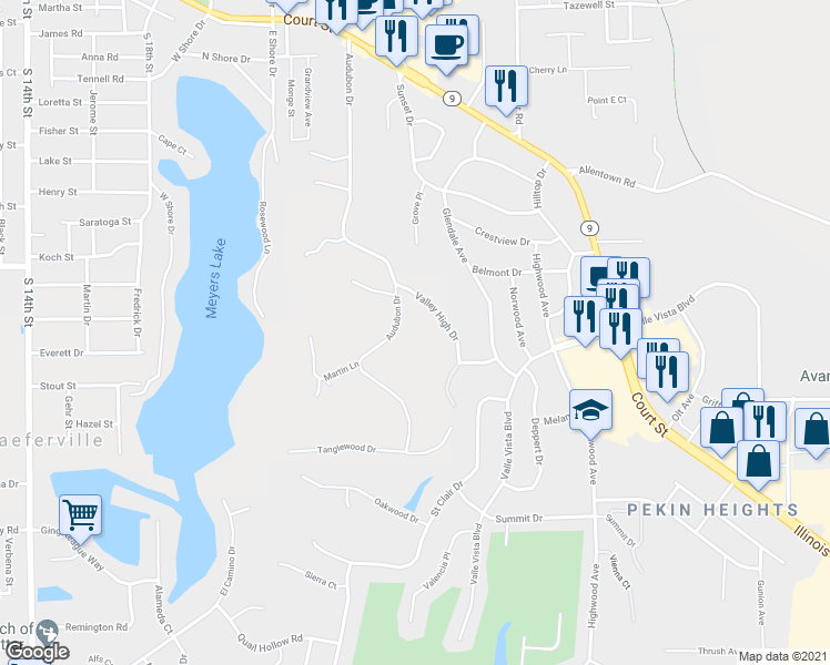 map of restaurants, bars, coffee shops, grocery stores, and more near 1034 Audubon Drive in Pekin