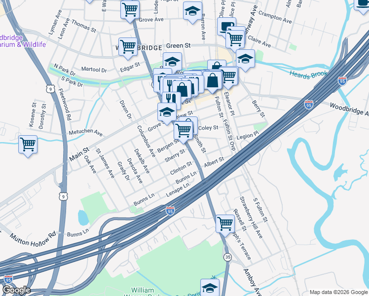 map of restaurants, bars, coffee shops, grocery stores, and more near 297 Amboy Avenue in Woodbridge Township