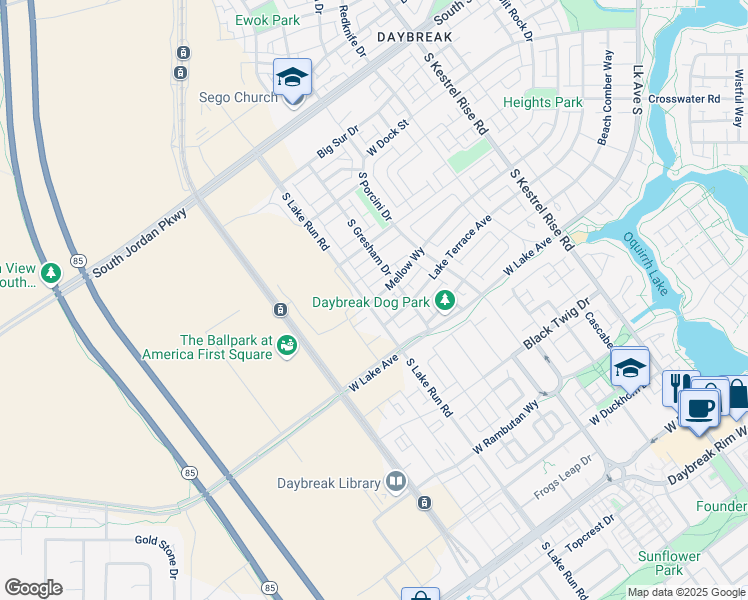 map of restaurants, bars, coffee shops, grocery stores, and more near 5239 West Mellow Way in South Jordan
