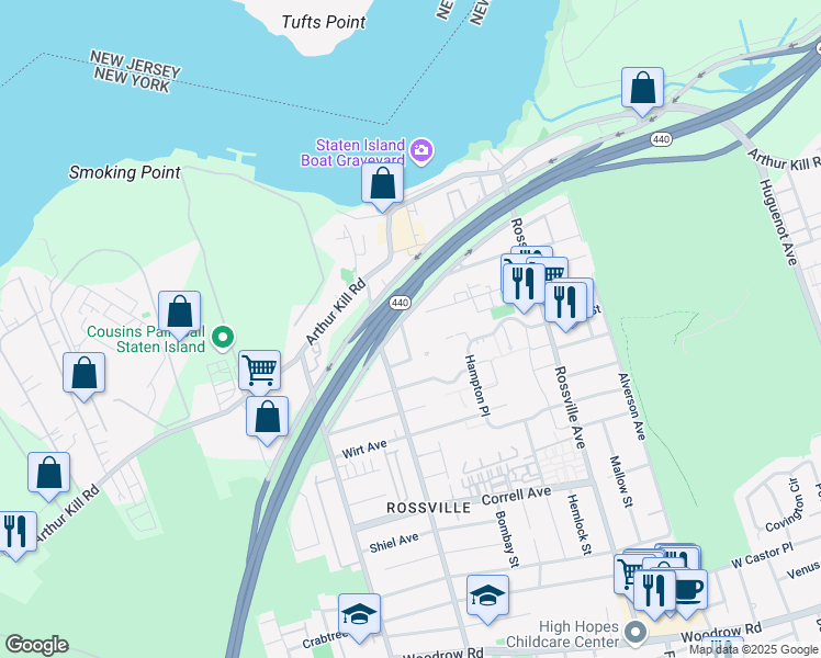 map of restaurants, bars, coffee shops, grocery stores, and more near 7 Kunath Avenue in Staten Island