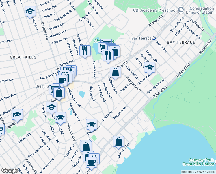 map of restaurants, bars, coffee shops, grocery stores, and more near 37 Highland Road in Staten Island