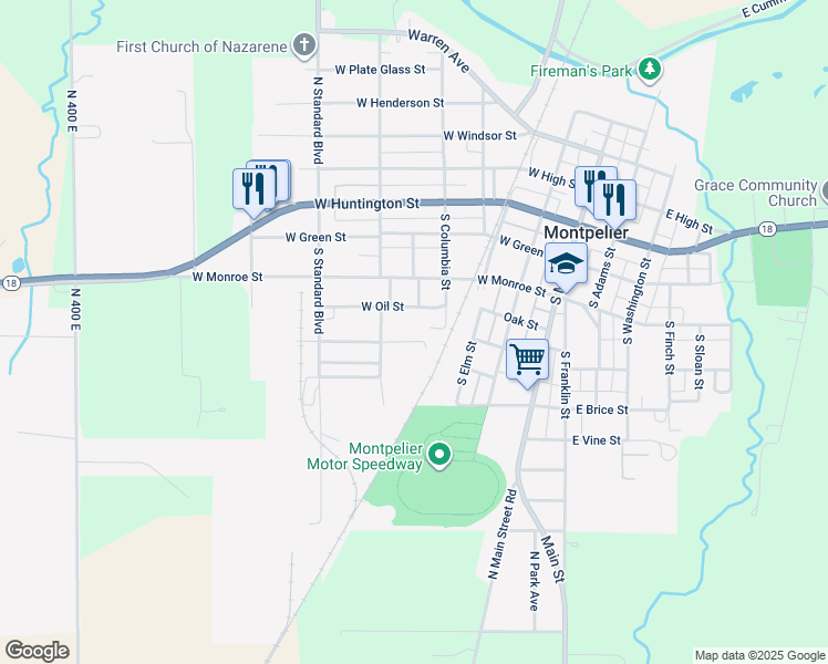 map of restaurants, bars, coffee shops, grocery stores, and more near 400 West Oil Street in Montpelier