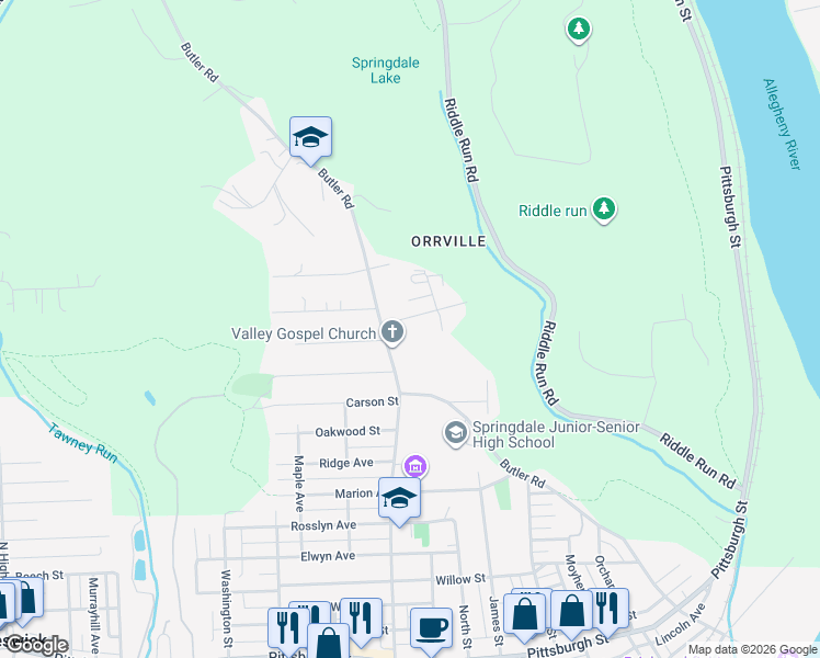 map of restaurants, bars, coffee shops, grocery stores, and more near 126 Melzina Street in Springdale