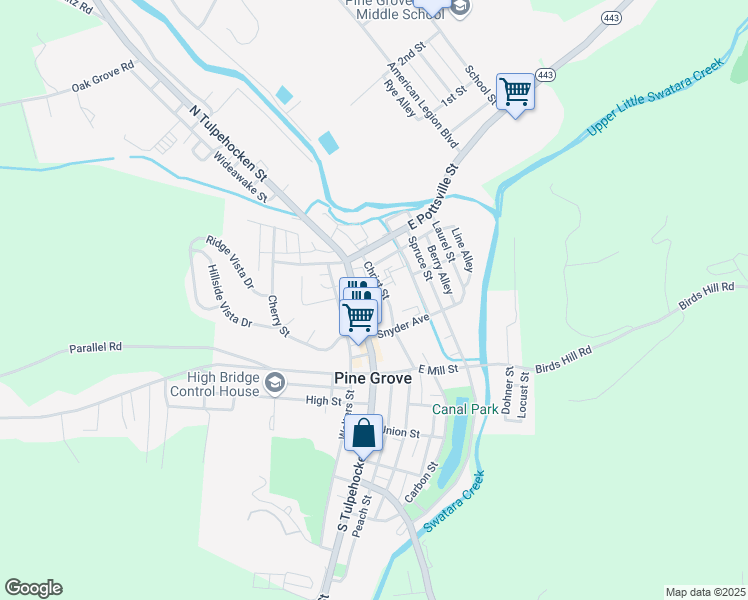 map of restaurants, bars, coffee shops, grocery stores, and more near 84 Christ Street in Pine Grove