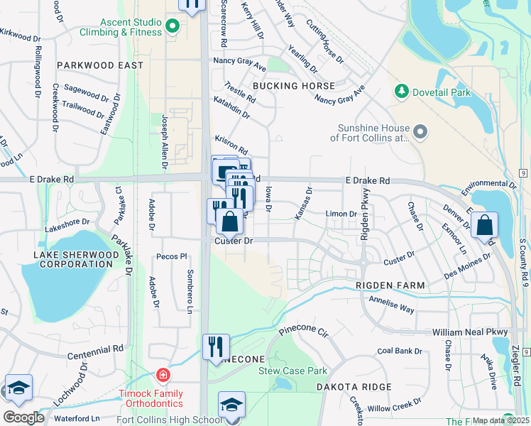 map of restaurants, bars, coffee shops, grocery stores, and more near 2707 Iowa Drive in Fort Collins