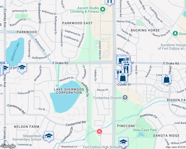 map of restaurants, bars, coffee shops, grocery stores, and more near 2632 Parklake Court in Fort Collins
