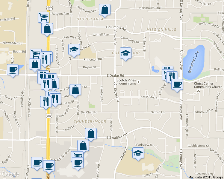 map of restaurants, bars, coffee shops, grocery stores, and more near 616 Heather Court in Fort Collins