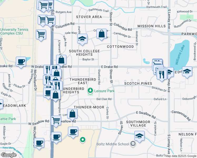 map of restaurants, bars, coffee shops, grocery stores, and more near 2700 Stanford Road in Fort Collins