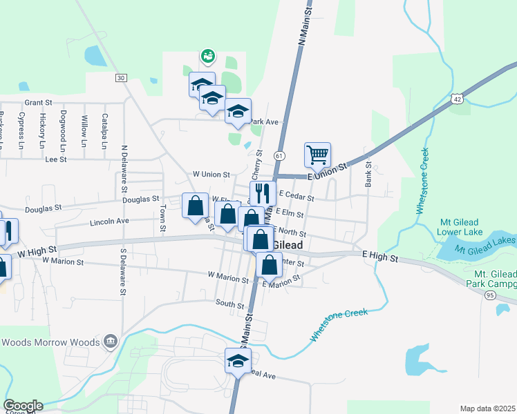 map of restaurants, bars, coffee shops, grocery stores, and more near 67 North Main Street in Mount Gilead
