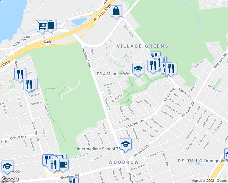 map of restaurants, bars, coffee shops, grocery stores, and more near 42 Yucca Drive in Staten Island
