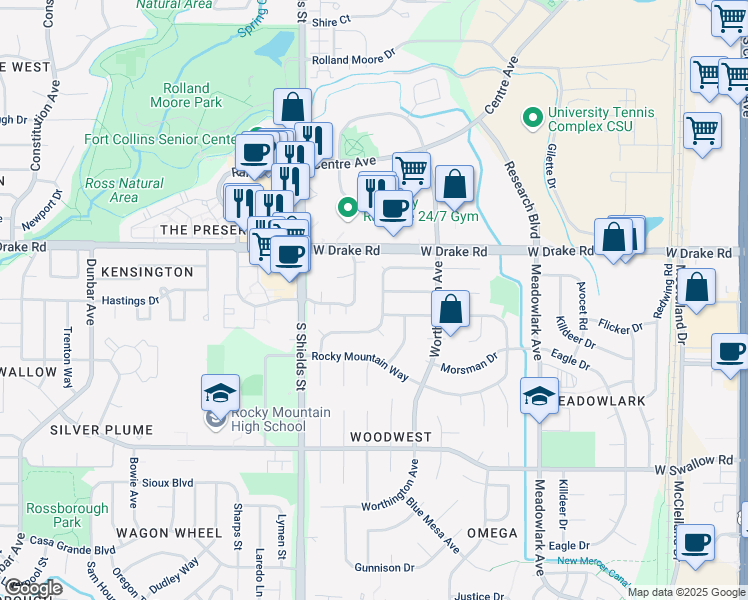 map of restaurants, bars, coffee shops, grocery stores, and more near 906 Wagonwheel Drive in Fort Collins