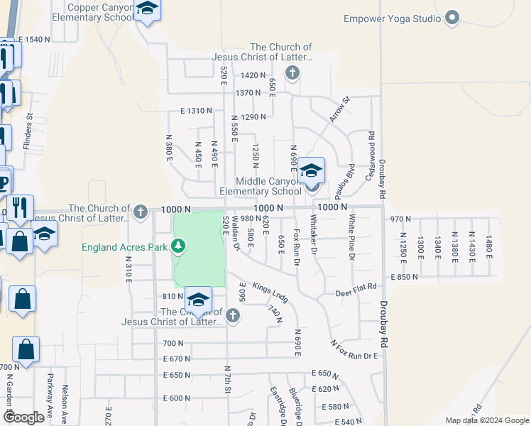 map of restaurants, bars, coffee shops, grocery stores, and more near 1176 620 East in Tooele