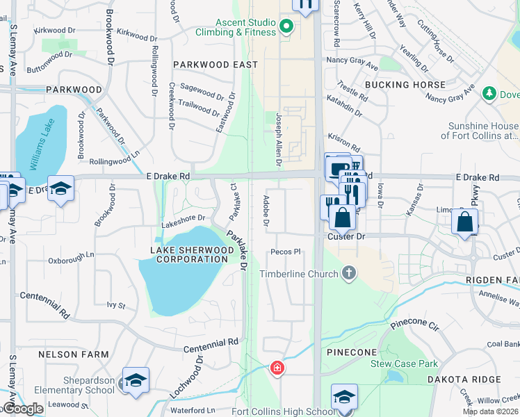 map of restaurants, bars, coffee shops, grocery stores, and more near 2632 Parklake Court in Fort Collins