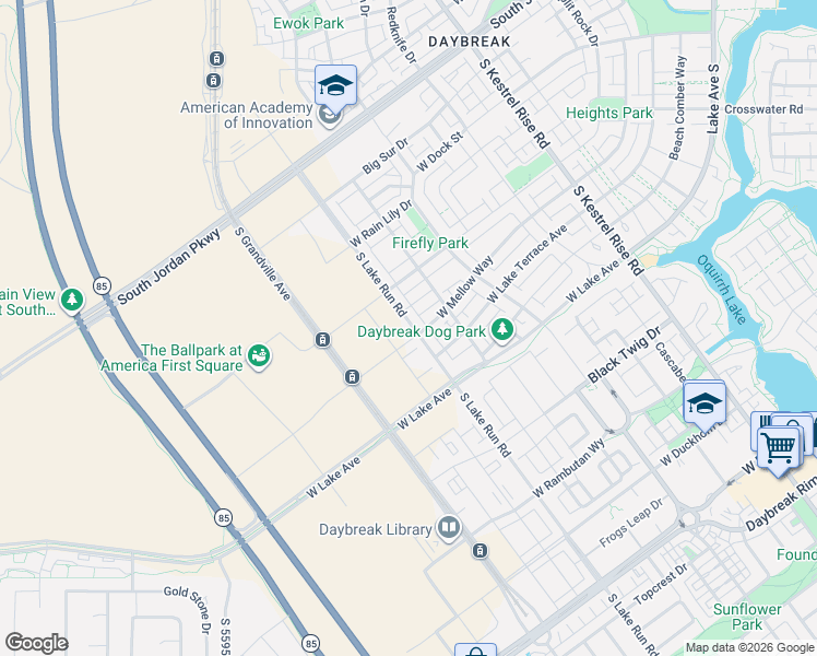 map of restaurants, bars, coffee shops, grocery stores, and more near 11023 Lake Run Road in South Jordan