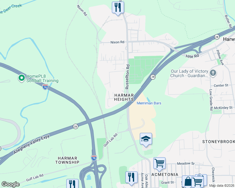 map of restaurants, bars, coffee shops, grocery stores, and more near 6 Harmar Drive in Cheswick