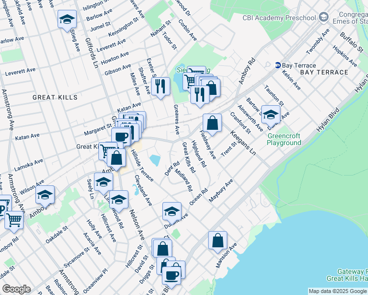 map of restaurants, bars, coffee shops, grocery stores, and more near 116 Great Kills Road in Staten Island