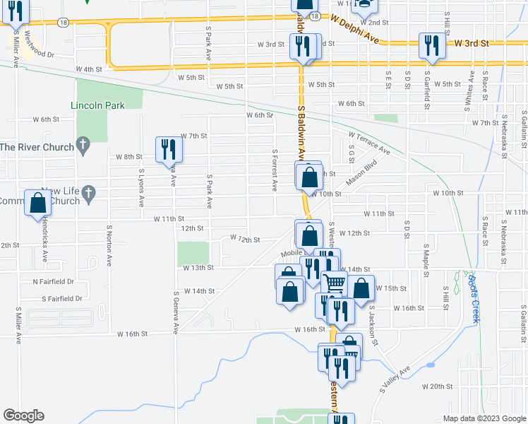 map of restaurants, bars, coffee shops, grocery stores, and more near 1510 West 11th Street in Marion