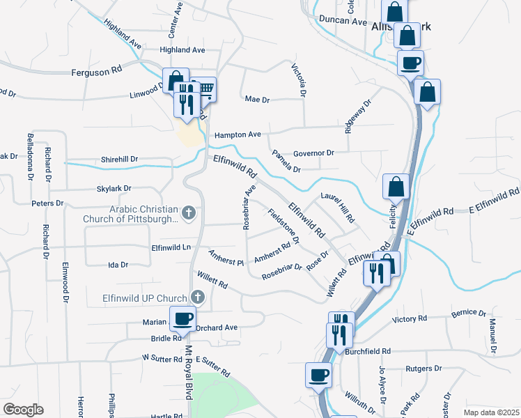 map of restaurants, bars, coffee shops, grocery stores, and more near 102 Fieldstone Drive in Glenshaw