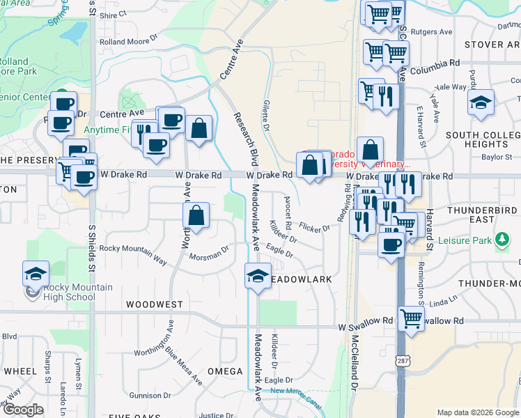 map of restaurants, bars, coffee shops, grocery stores, and more near 2628 Meadowlark Avenue in Fort Collins