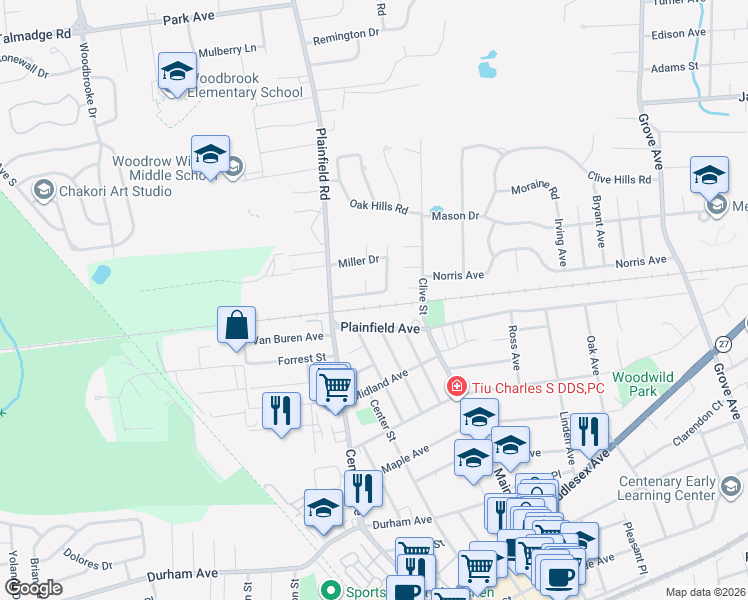 map of restaurants, bars, coffee shops, grocery stores, and more near 50 Willow Road in Metuchen