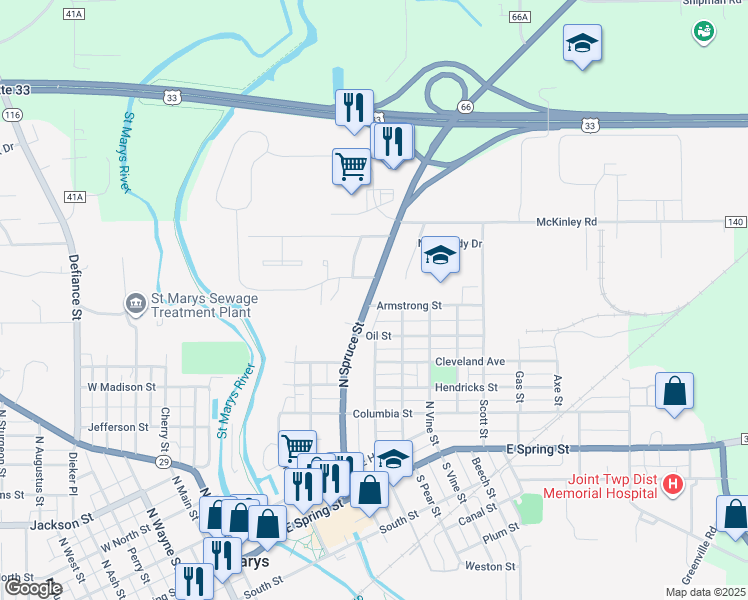 map of restaurants, bars, coffee shops, grocery stores, and more near 704 North Spruce Street in Saint Marys