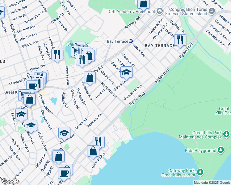 map of restaurants, bars, coffee shops, grocery stores, and more near 127 Keegans Ln in Staten Island