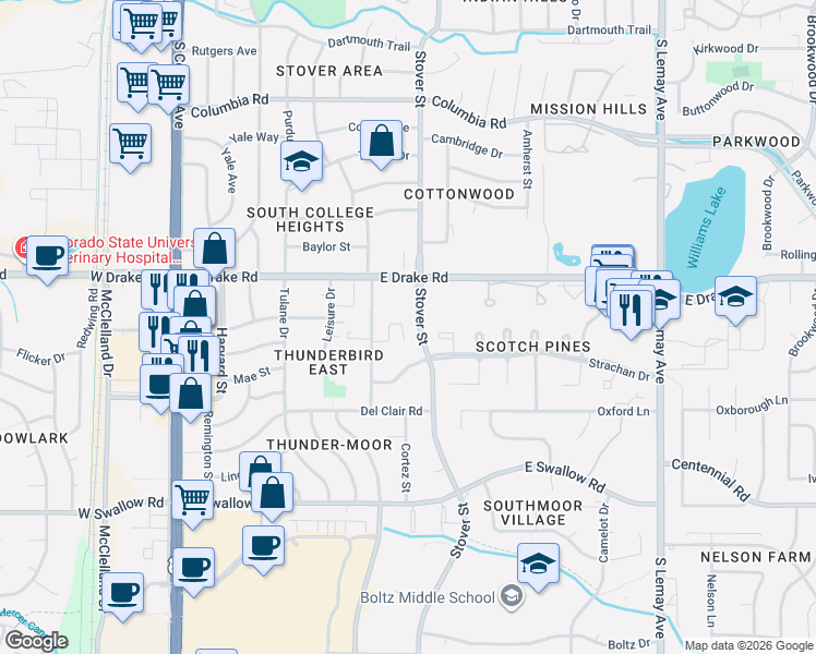 map of restaurants, bars, coffee shops, grocery stores, and more near 616 Heather Court in Fort Collins