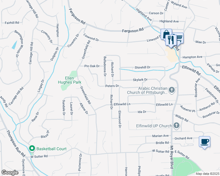 map of restaurants, bars, coffee shops, grocery stores, and more near 301 Peters Drive in Glenshaw