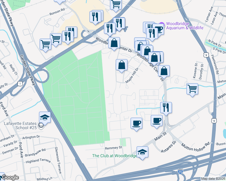 map of restaurants, bars, coffee shops, grocery stores, and more near 100 Highview Drive in Woodbridge Township
