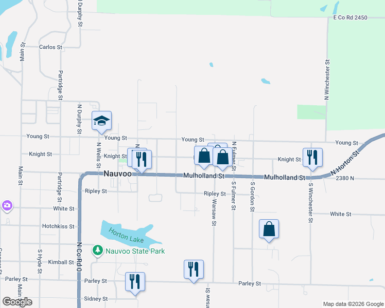 map of restaurants, bars, coffee shops, grocery stores, and more near 1585 Knight Street in Nauvoo
