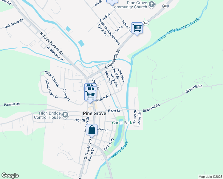 map of restaurants, bars, coffee shops, grocery stores, and more near 34 Spruce Street in Pine Grove