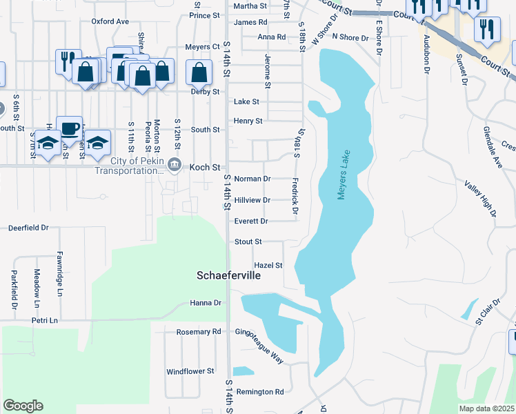 map of restaurants, bars, coffee shops, grocery stores, and more near 1416 Hillview Drive in Pekin